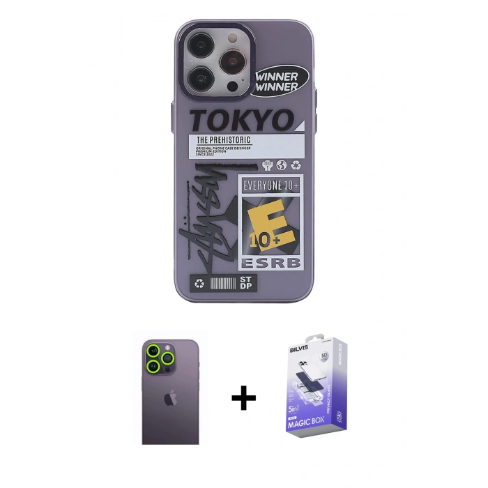 MARSİLYAN™- iPhone 13 Pro Max Kılıf Zirve Form Özel Seri - Siyah Bilvis 5in1 5D Magic Hayalet Cam Ekran Koruyucu + Neon Fosforlu Kamera Lens - YL