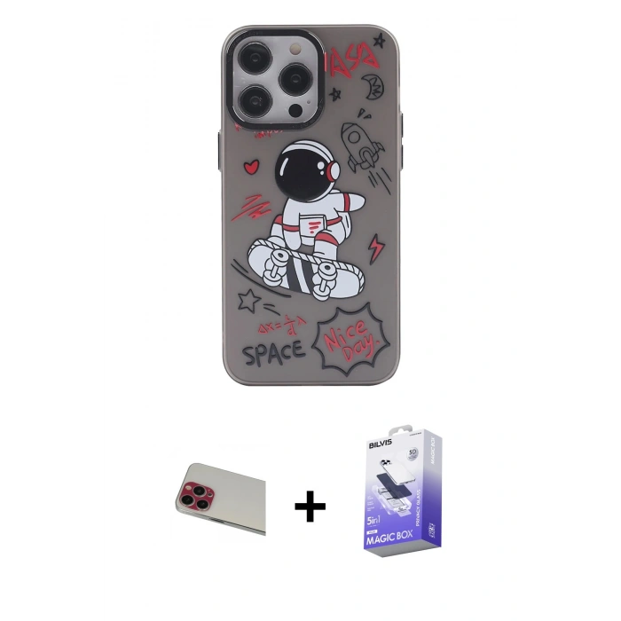 MARSİLYAN™- iPhone 13 Pro Max Kılıf Zirve Form Özel Seri - Siyah Bilvis 5in1 5D Magic Hayalet Cam Ekran Koruyucu + Rainbow Kamera Lens Koruma Cam - KI