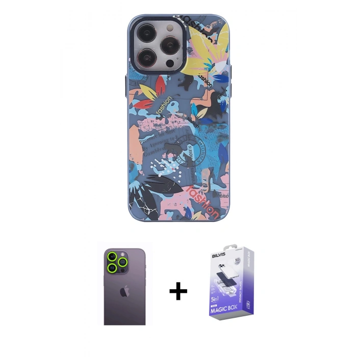 MARSİLYAN™- iPhone 13 Pro Max Kılıf Zirve Form Özel Seri - Siyah Bilvis 5in1 5D Magic Hayalet Cam Ekran Koruyucu + Neon Fosforlu Kamera Lens - YL