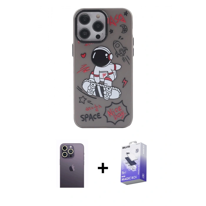 MARSİLYAN™- iPhone 13 Pro Max Kılıf Zirve Form Özel Seri - Siyah Bilvis 5in1 5D Magic Hayalet Cam Ekran Koruyucu + Neon Fosforlu Kamera Lens - BZ
