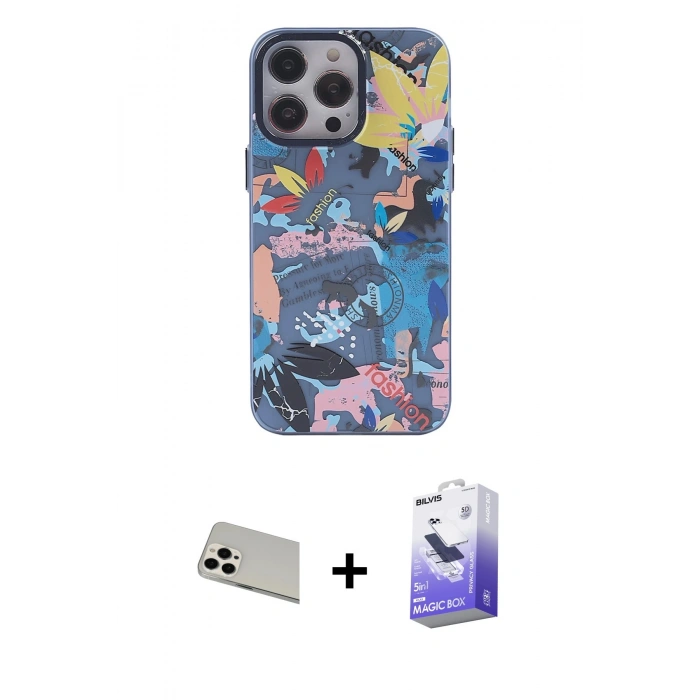 MARSİLYAN™- iPhone 13 Pro Max Kılıf Zirve Form Özel Seri - Siyah Bilvis 5in1 5D Magic Hayalet Cam Ekran Koruyucu + Rainbow Kamera Lens Koruma Cam - BZ