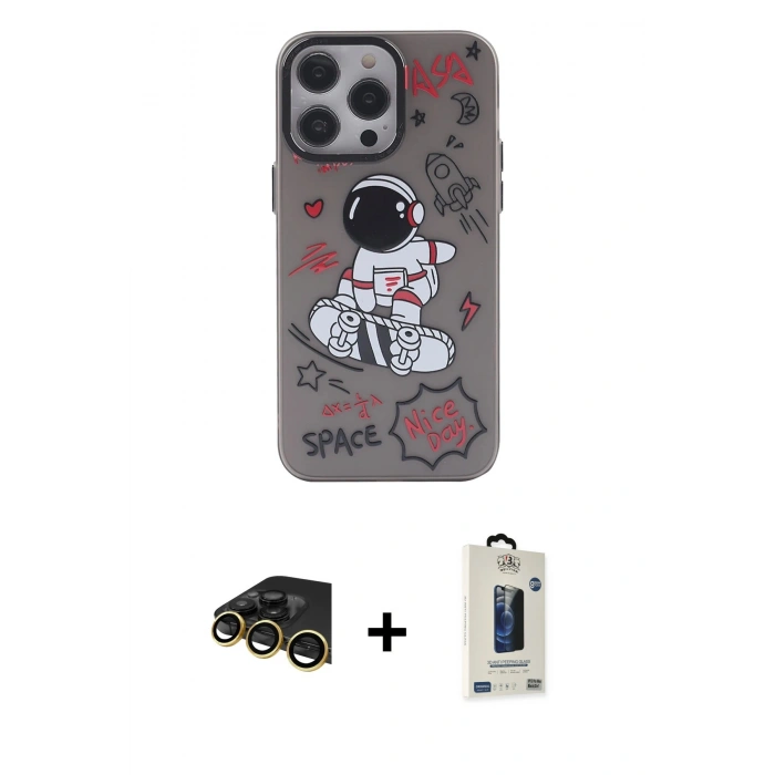 MARSİLYAN™- iPhone 13 Pro Max Kılıf Zirve Form Özel Seri - Siyah Bilvis Hayalet Cam Ekran Koruyucu + Raze Metal Kamera Lens - GD