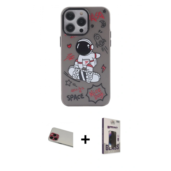 MARSİLYAN™- iPhone 13 Pro Max Kılıf Zirve Form Özel Seri - Siyah Bilvis Hayalet Cam Ekran Koruyucu + Rainbow Kamera Lens Koruma Cam - KI