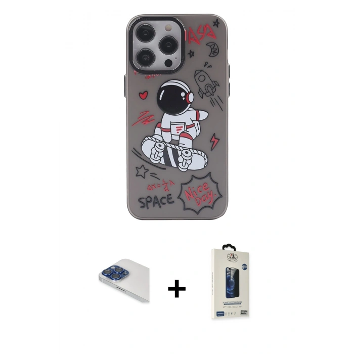 MARSİLYAN™- iPhone 13 Pro Max Kılıf Zirve Form Özel Seri - Siyah Bilvis Hayalet Cam Ekran Koruyucu + Pers Alüminyum Kamera Lens - LT