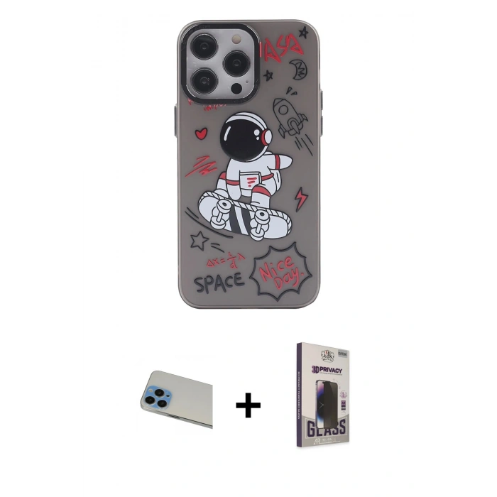 MARSİLYAN™- iPhone 13 Pro Max Kılıf Zirve Form Özel Seri - Siyah Bilvis Hayalet Cam Ekran Koruyucu + Rainbow Kamera Lens Koruma Cam - MI