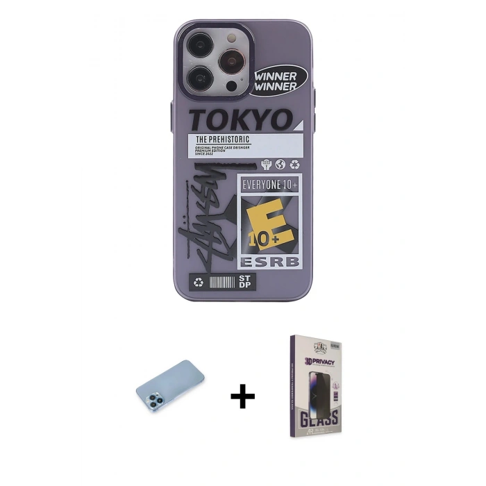MARSİLYAN™- iPhone 13 Pro Max Kılıf Zirve Form Özel Seri - Siyah Bilvis Hayalet Cam Ekran Koruyucu + Mavi Shine Kamera Lens Koruma Cam