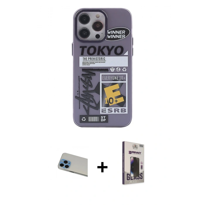 MARSİLYAN™- iPhone 13 Pro Max Kılıf Zirve Form Özel Seri - Siyah Bilvis Hayalet Cam Ekran Koruyucu + Rainbow Kamera Lens Koruma Cam - MI