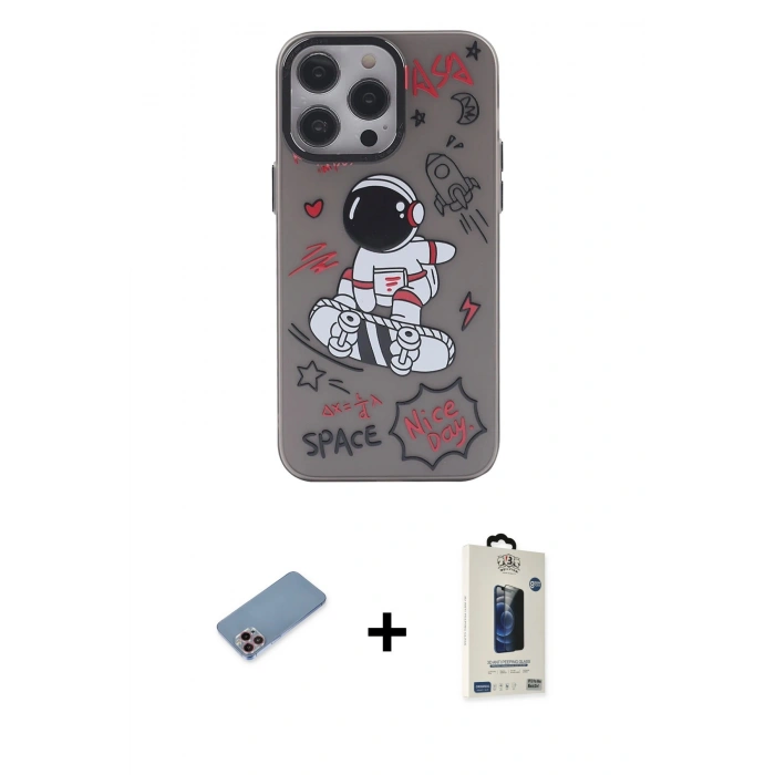 MARSİLYAN™- iPhone 13 Pro Max Kılıf Zirve Form Özel Seri - Siyah Bilvis Hayalet Cam Ekran Koruyucu + Pembe Shine Kamera Lens Koruma Cam