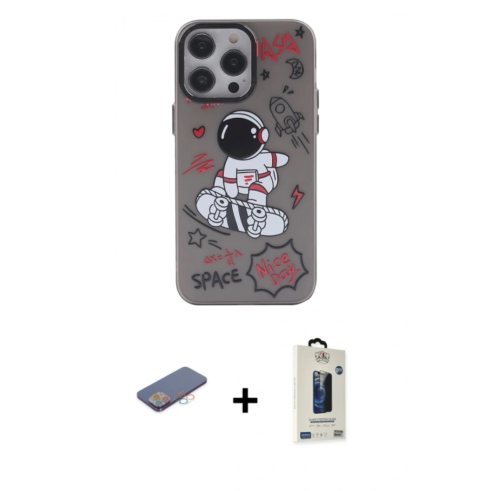 MARSİLYAN™- iPhone 13 Pro Max Kılıf Zirve Form Özel Seri - Siyah Bilvis Hayalet Cam Ekran Koruyucu + Renkli Kamera Lens Koruma Cam - PE