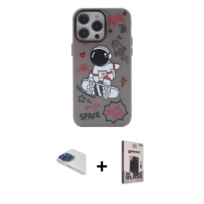 MARSİLYAN™- iPhone 13 Pro Max Kılıf Zirve Form Özel Seri - Siyah Bilvis Hayalet Cam Ekran Koruyucu + Pers Alüminyum Kamera Lens - LT