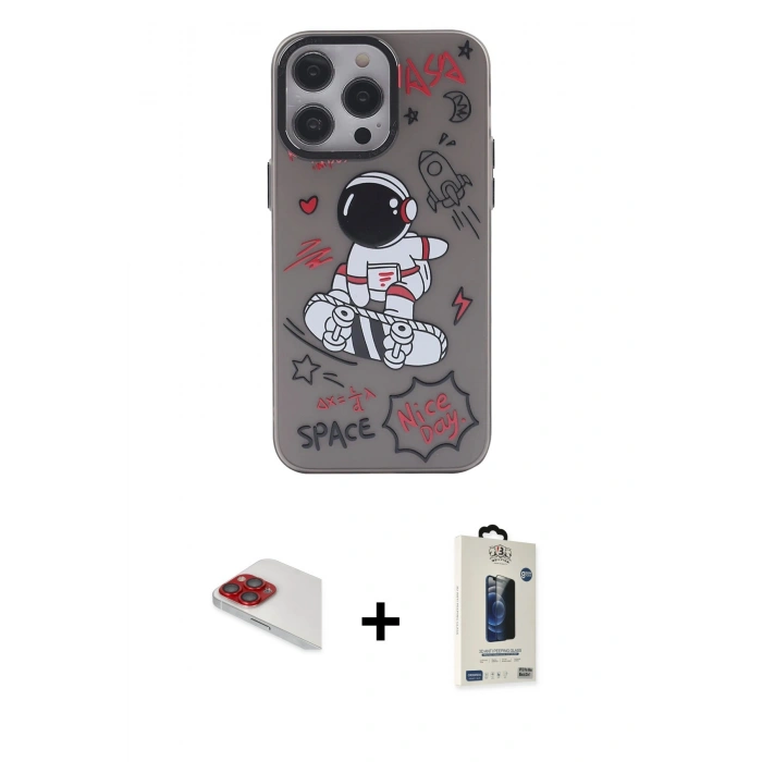 MARSİLYAN™- iPhone 13 Pro Max Kılıf Zirve Form Özel Seri - Siyah Bilvis Hayalet Cam Ekran Koruyucu + Pers Alüminyum Kamera Lens - KI