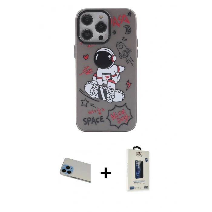 MARSİLYAN™- iPhone 13 Pro Max Kılıf Zirve Form Özel Seri - Siyah Bilvis Hayalet Cam Ekran Koruyucu + Rainbow Kamera Lens Koruma Cam - MI