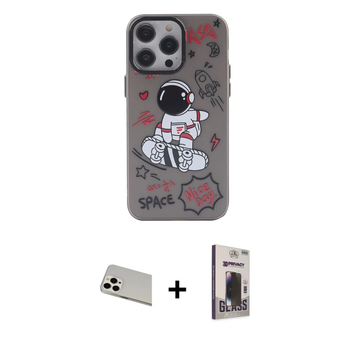 MARSİLYAN™- iPhone 13 Pro Max Kılıf Zirve Form Özel Seri - Siyah Bilvis Hayalet Cam Ekran Koruyucu + Rainbow Kamera Lens Koruma Cam - BZ