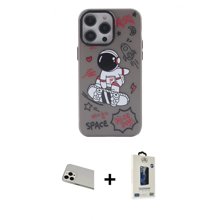 MARSİLYAN™- iPhone 13 Pro Max Kılıf Zirve Form Özel Seri - Siyah Bilvis Hayalet Cam Ekran Koruyucu + Rainbow Kamera Lens Koruma Cam - BZ