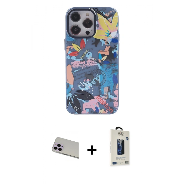 MARSİLYAN™- iPhone 13 Pro Max Kılıf Zirve Form Özel Seri - Siyah Bilvis Hayalet Cam Ekran Koruyucu + Rainbow Kamera Lens Koruma Cam - MR