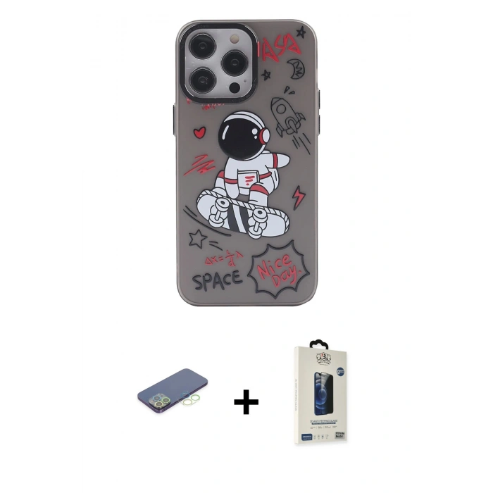 MARSİLYAN™- iPhone 13 Pro Max Kılıf Zirve Form Özel Seri - Siyah Bilvis Hayalet Cam Ekran Koruyucu + Renkli Kamera Lens Koruma Cam - YL
