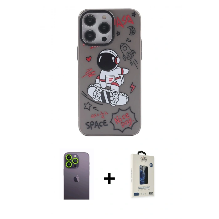 MARSİLYAN™- iPhone 13 Pro Max Kılıf Zirve Form Özel Seri - Siyah Bilvis Hayalet Cam Ekran Koruyucu + Neon Fosforlu Kamera Lens - YL