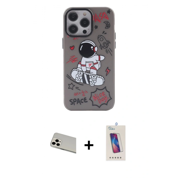 MARSİLYAN™- iPhone 13 Pro Max Kılıf Zirve Form Özel Seri - Siyah Joko 5D Cam + Rainbow Kamera Lens Koruma Cam - BZ