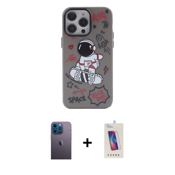 MARSİLYAN™- iPhone 13 Pro Max Kılıf Zirve Form Özel Seri - Siyah Joko 5D Cam + Neon Fosforlu Kamera Lens - MI