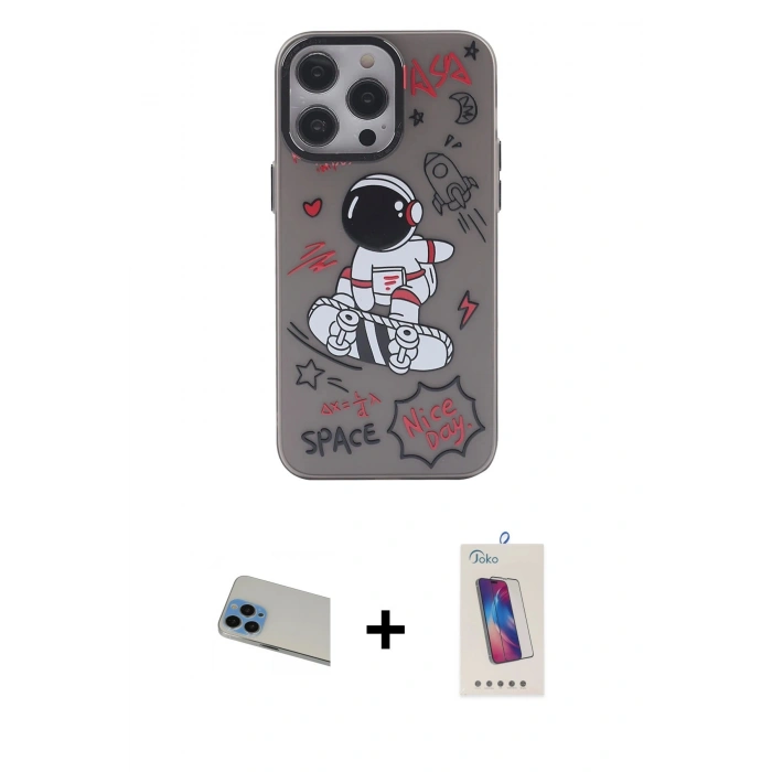 MARSİLYAN™- iPhone 13 Pro Max Kılıf Zirve Form Özel Seri - Siyah Joko 5D Cam + Rainbow Kamera Lens Koruma Cam - MI