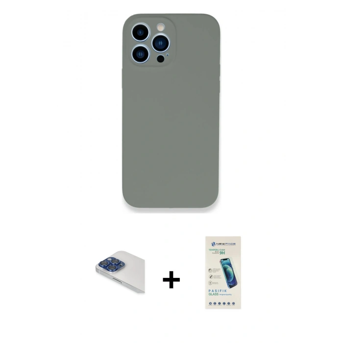 MARSİLYAN™- iPhone 13 Pro Max Kılıf Zirve Modern Özel Seri - Şeffaf Pasifik Cam Ekran Koruyucu + Lacivert Pers Alüminyum Kamera Lens