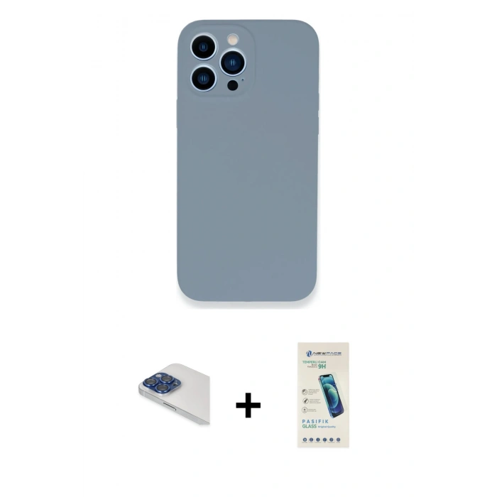 MARSİLYAN™- iPhone 13 Pro Max Kılıf Zirve Modern Özel Seri - Şeffaf Pasifik Cam Ekran Koruyucu + Lacivert Pers Alüminyum Kamera Lens