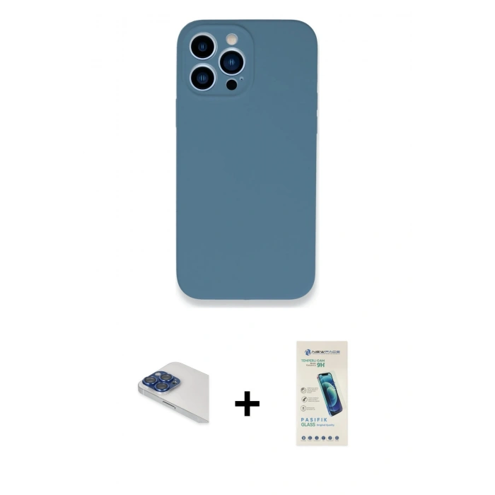 MARSİLYAN™- iPhone 13 Pro Max Kılıf Zirve Modern Özel Seri - Şeffaf Pasifik Cam Ekran Koruyucu + Lacivert Pers Alüminyum Kamera Lens