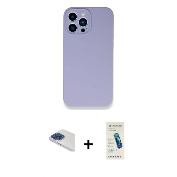 MARSİLYAN™- iPhone 13 Pro Max Kılıf Zirve Modern Özel Seri - Şeffaf Pasifik Cam Ekran Koruyucu + Lacivert Pers Alüminyum Kamera Lens