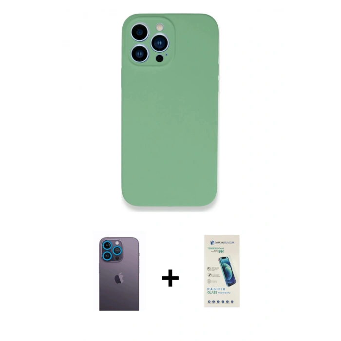 MARSİLYAN™- iPhone 13 Pro Max Kılıf Zirve Modern Özel Seri - Şeffaf Pasifik Cam Ekran Koruyucu + Mavi Neon Fosforlu Kamera Lens
