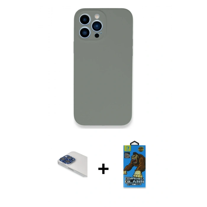 MARSİLYAN™- iPhone 13 Pro Max Kılıf Zirve Modern Özel Seri - Siyah 18D Cam Ekran Koruyucu + Lacivert Pers Alüminyum Kamera Lens