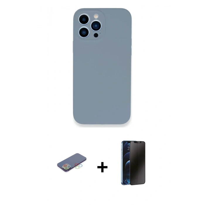 MARSİLYAN™- iPhone 13 Pro Max Kılıf Zirve Modern Özel Seri - Siyah 3D Antistatik Hayalet Cam Ekran Koruyucu + Mavi Renkli Kamera Lens Koruma Cam