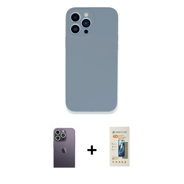 MARSİLYAN™- iPhone 13 Pro Max Kılıf Zirve Modern Özel Seri - Siyah 6D Mat Seramik Hayalet Nano Ekran Koruyucu + Beyaz Neon Fosforlu Kamera Lens