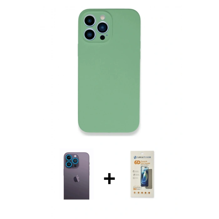 MARSİLYAN™- iPhone 13 Pro Max Kılıf Zirve Modern Özel Seri - Siyah 6D Mat Seramik Hayalet Nano Ekran Koruyucu + Mavi Neon Fosforlu Kamera Lens
