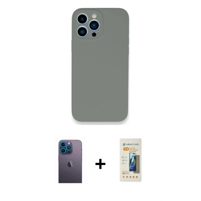 MARSİLYAN™- iPhone 13 Pro Max Kılıf Zirve Modern Özel Seri - Siyah 6D Mat Seramik Hayalet Nano Ekran Koruyucu + Mavi Neon Fosforlu Kamera Lens