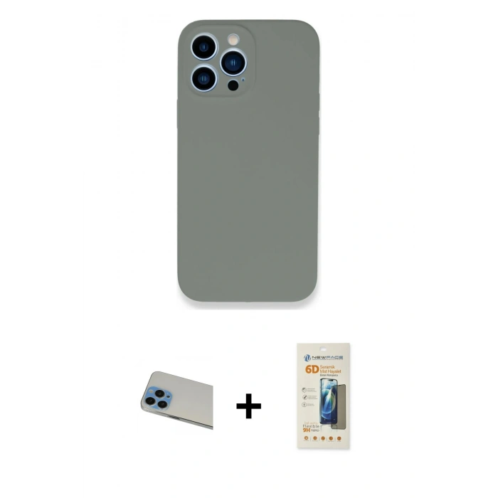 MARSİLYAN™- iPhone 13 Pro Max Kılıf Zirve Modern Özel Seri - Siyah 6D Mat Seramik Hayalet Nano Ekran Koruyucu + Rainbow Kamera Lens Koruma Cam - MI