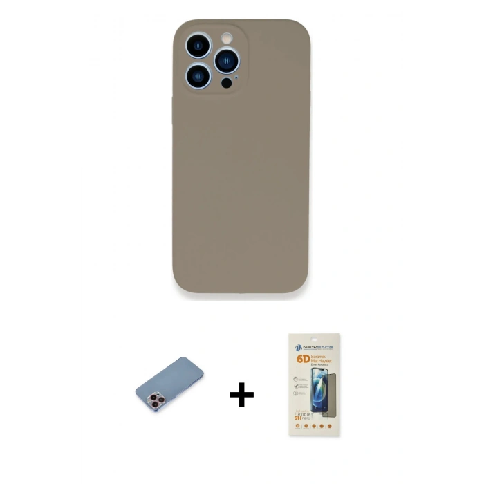 MARSİLYAN™- iPhone 13 Pro Max Kılıf Zirve Modern Özel Seri - Siyah 6D Mat Seramik Hayalet Nano Ekran Koruyucu + Shine Kamera Lens Koruma Cam - PE