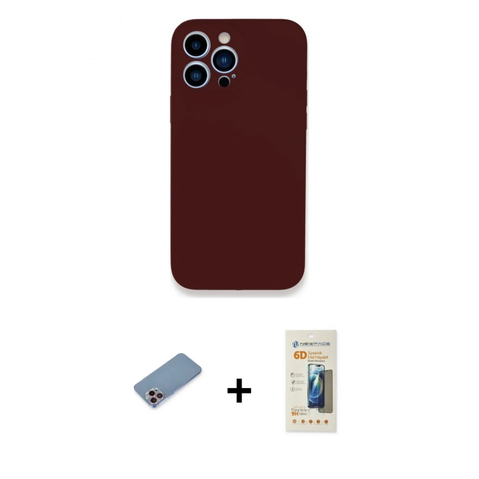 MARSİLYAN™- iPhone 13 Pro Max Kılıf Zirve Modern Özel Seri - Siyah 6D Mat Seramik Hayalet Nano Ekran Koruyucu + Shine Kamera Lens Koruma Cam - PE