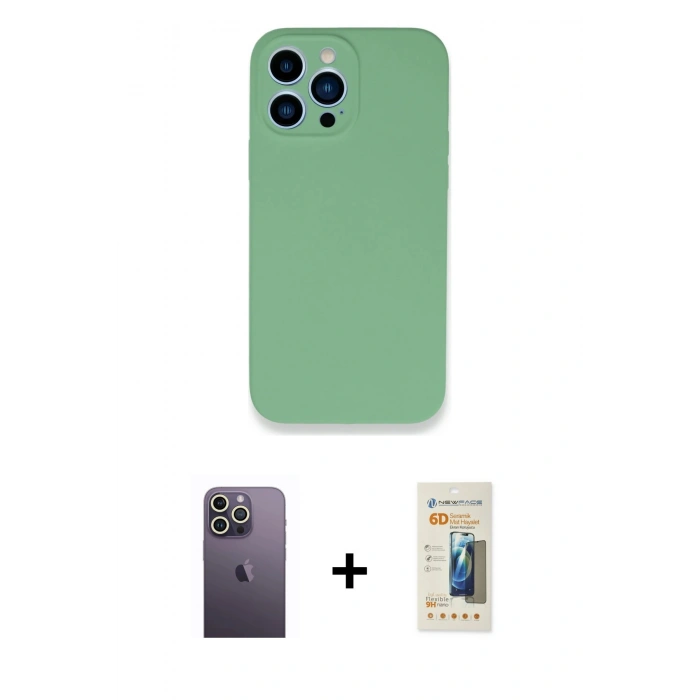 MARSİLYAN™- iPhone 13 Pro Max Kılıf Zirve Modern Özel Seri - Siyah 6D Mat Seramik Hayalet Nano Ekran Koruyucu + Beyaz Neon Fosforlu Kamera Lens