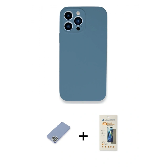 MARSİLYAN™- iPhone 13 Pro Max Kılıf Zirve Modern Özel Seri - Siyah 6D Mat Seramik Hayalet Nano Ekran Koruyucu + Koyu Yeşil Metal Kamera Lens Koruma Cam
