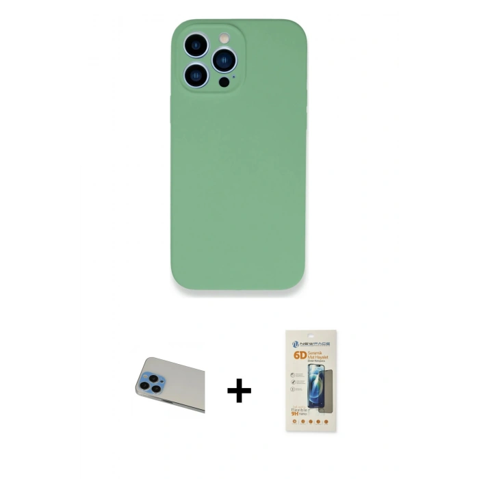 MARSİLYAN™- iPhone 13 Pro Max Kılıf Zirve Modern Özel Seri - Siyah 6D Mat Seramik Hayalet Nano Ekran Koruyucu + Rainbow Kamera Lens Koruma Cam - MI