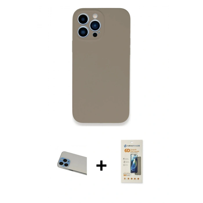 MARSİLYAN™- iPhone 13 Pro Max Kılıf Zirve Modern Özel Seri - Siyah 6D Mat Seramik Hayalet Nano Ekran Koruyucu + Rainbow Kamera Lens Koruma Cam - MI