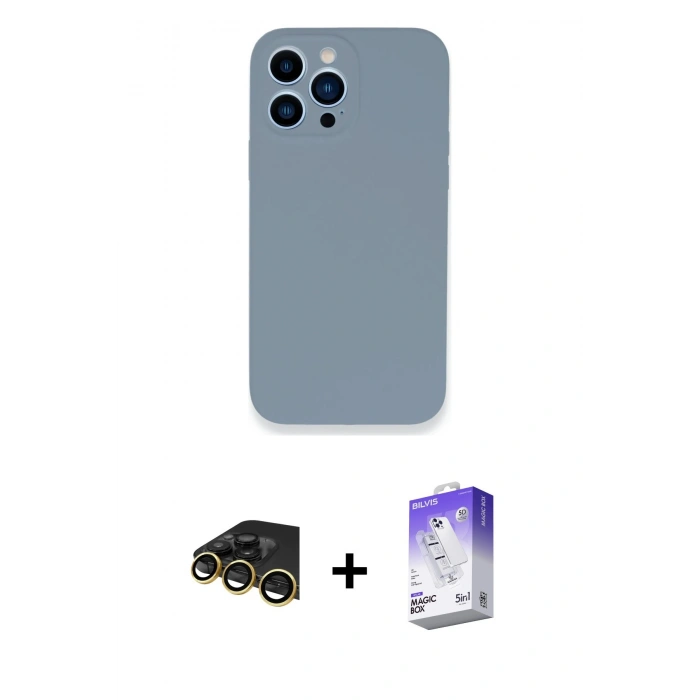 MARSİLYAN™- iPhone 13 Pro Max Kılıf Zirve Modern Özel Seri - Siyah Bilvis 5in1 3D Magic Cam Ekran Koruyucu + Gold Raze Metal Kamera Lens