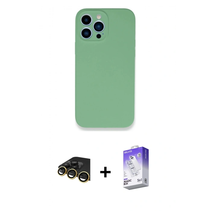 MARSİLYAN™- iPhone 13 Pro Max Kılıf Zirve Modern Özel Seri - Siyah Bilvis 5in1 3D Magic Cam Ekran Koruyucu + Gold Raze Metal Kamera Lens
