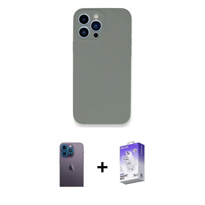 MARSİLYAN™- iPhone 13 Pro Max Kılıf Zirve Modern Özel Seri - Siyah Bilvis 5in1 3D Magic Cam Ekran Koruyucu + Neon Fosforlu Kamera Lens - MI