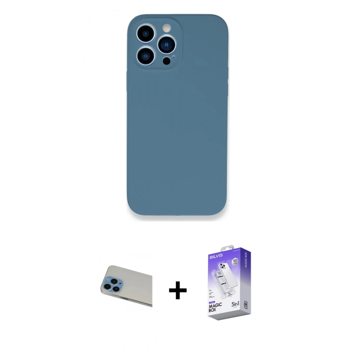 MARSİLYAN™- iPhone 13 Pro Max Kılıf Zirve Modern Özel Seri - Siyah Bilvis 5in1 3D Magic Cam Ekran Koruyucu + Mavi Rainbow Kamera Lens Koruma Cam