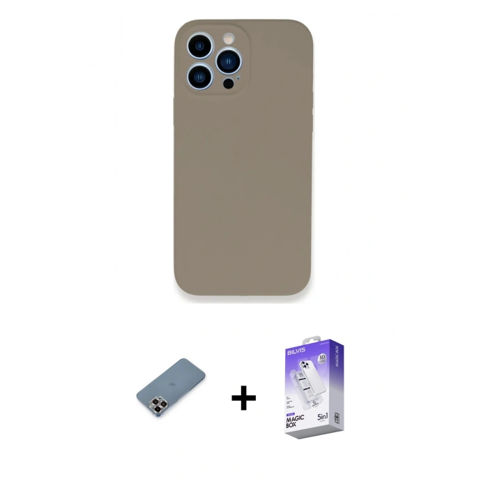 MARSİLYAN™- iPhone 13 Pro Max Kılıf Zirve Modern Özel Seri - Siyah Bilvis 5in1 3D Magic Cam Ekran Koruyucu + Mor Metal Kamera Lens Koruma Cam