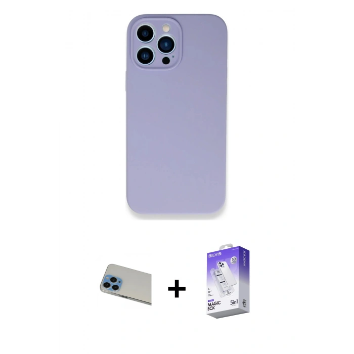 MARSİLYAN™- iPhone 13 Pro Max Kılıf Zirve Modern Özel Seri - Siyah Bilvis 5in1 3D Magic Cam Ekran Koruyucu + Mavi Rainbow Kamera Lens Koruma Cam