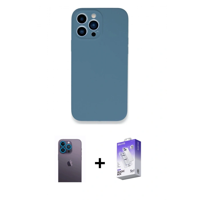MARSİLYAN™- iPhone 13 Pro Max Kılıf Zirve Modern Özel Seri - Siyah Bilvis 5in1 3D Magic Cam Ekran Koruyucu + Neon Fosforlu Kamera Lens - MI