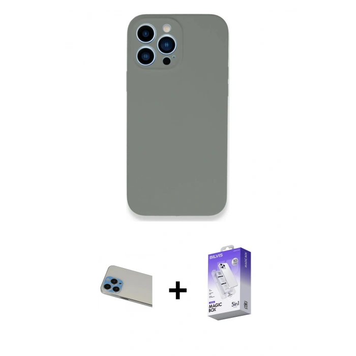 MARSİLYAN™- iPhone 13 Pro Max Kılıf Zirve Modern Özel Seri - Siyah Bilvis 5in1 3D Magic Cam Ekran Koruyucu + Mavi Rainbow Kamera Lens Koruma Cam