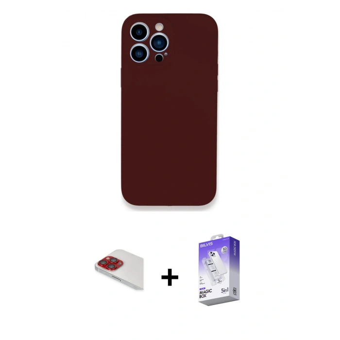 MARSİLYAN™- iPhone 13 Pro Max Kılıf Zirve Modern Özel Seri - Siyah Bilvis 5in1 3D Magic Cam Ekran Koruyucu + Kırmızı Pers Alüminyum Kamera Lens
